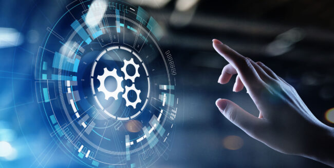 Person's hand about to press a simulated button to start a virtual machine