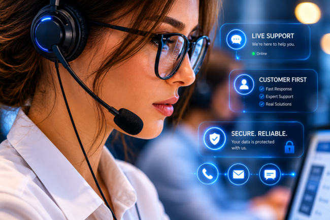 A close-up profile shot of a customer service representative wearing a headset and glasses, overlaid with blue, semi-transparent digital interface icons and text boxes highlighting "Live Support," "Customer First," and "Secure, Reliable" services, alongside contact icons for phone, email, and chat.